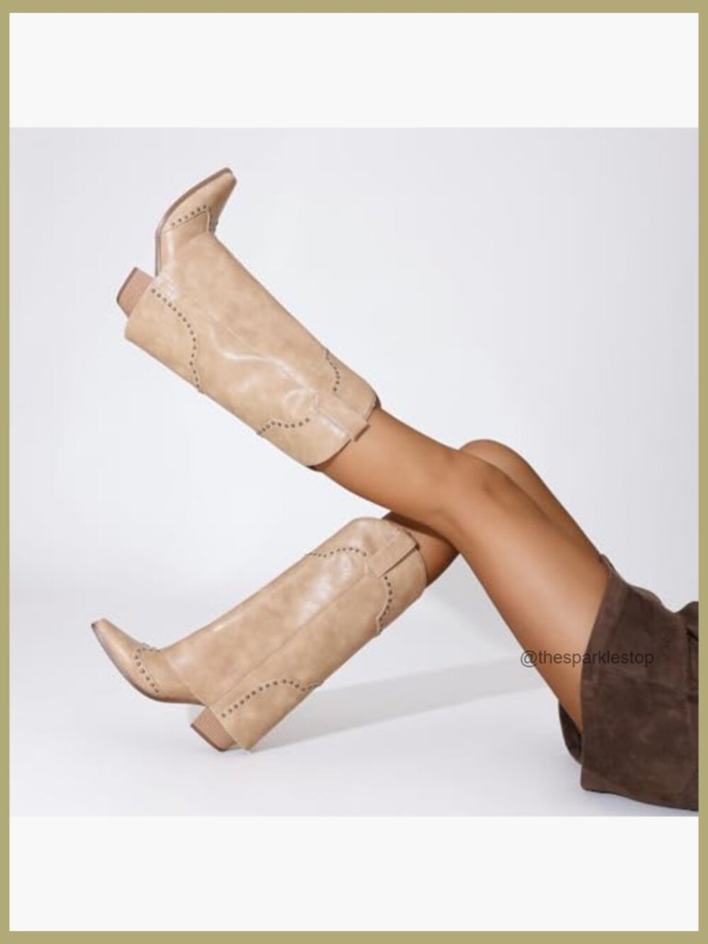 Faux Leather Snip Toe Fold Over Chunky Heel Pull On Cowboy Studded Boots - Picture 6 of 7